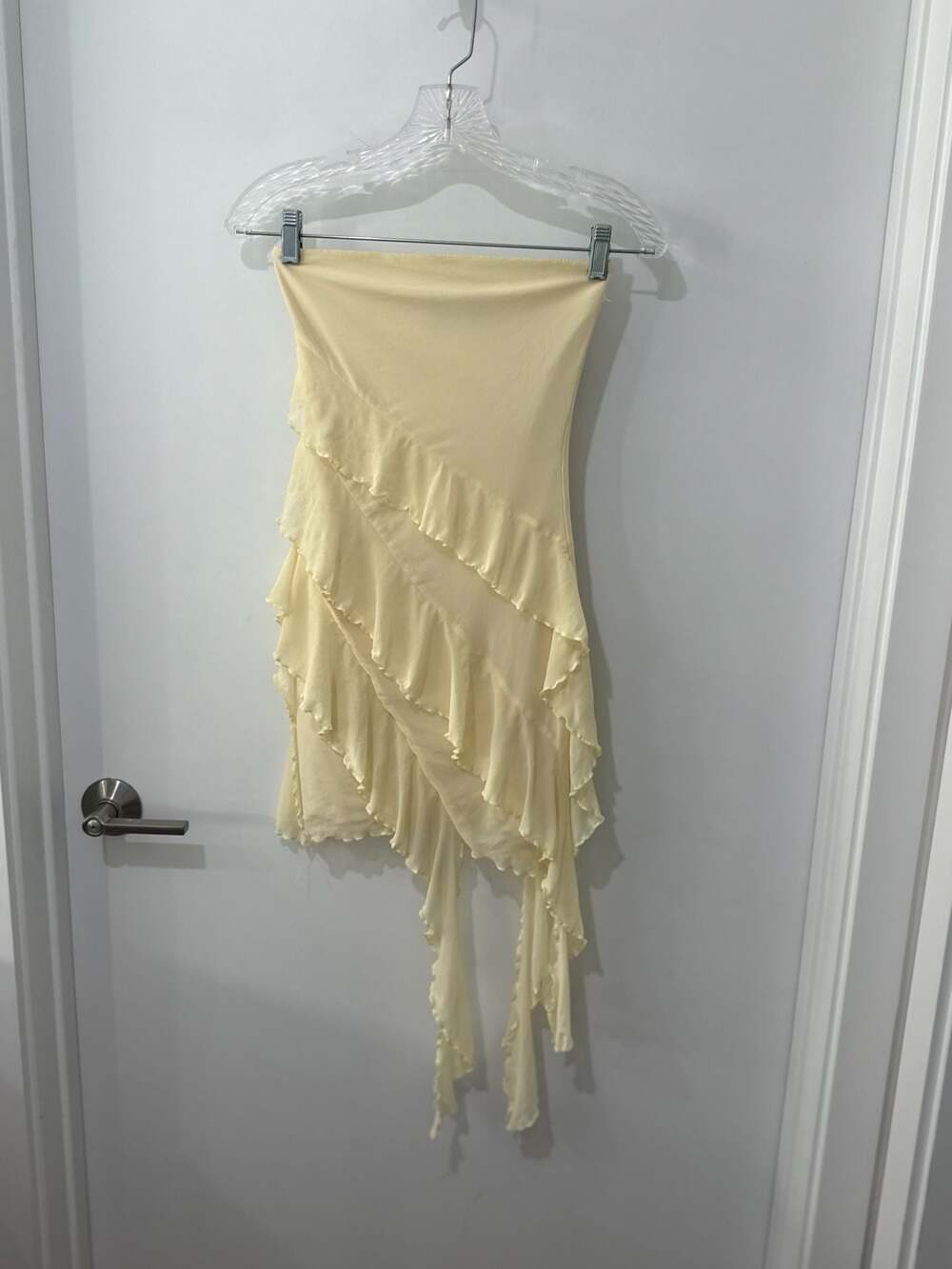 Tiger Mist Strapless Asymmetric Mesh Ruffle Mini Dress in Pale Yellow